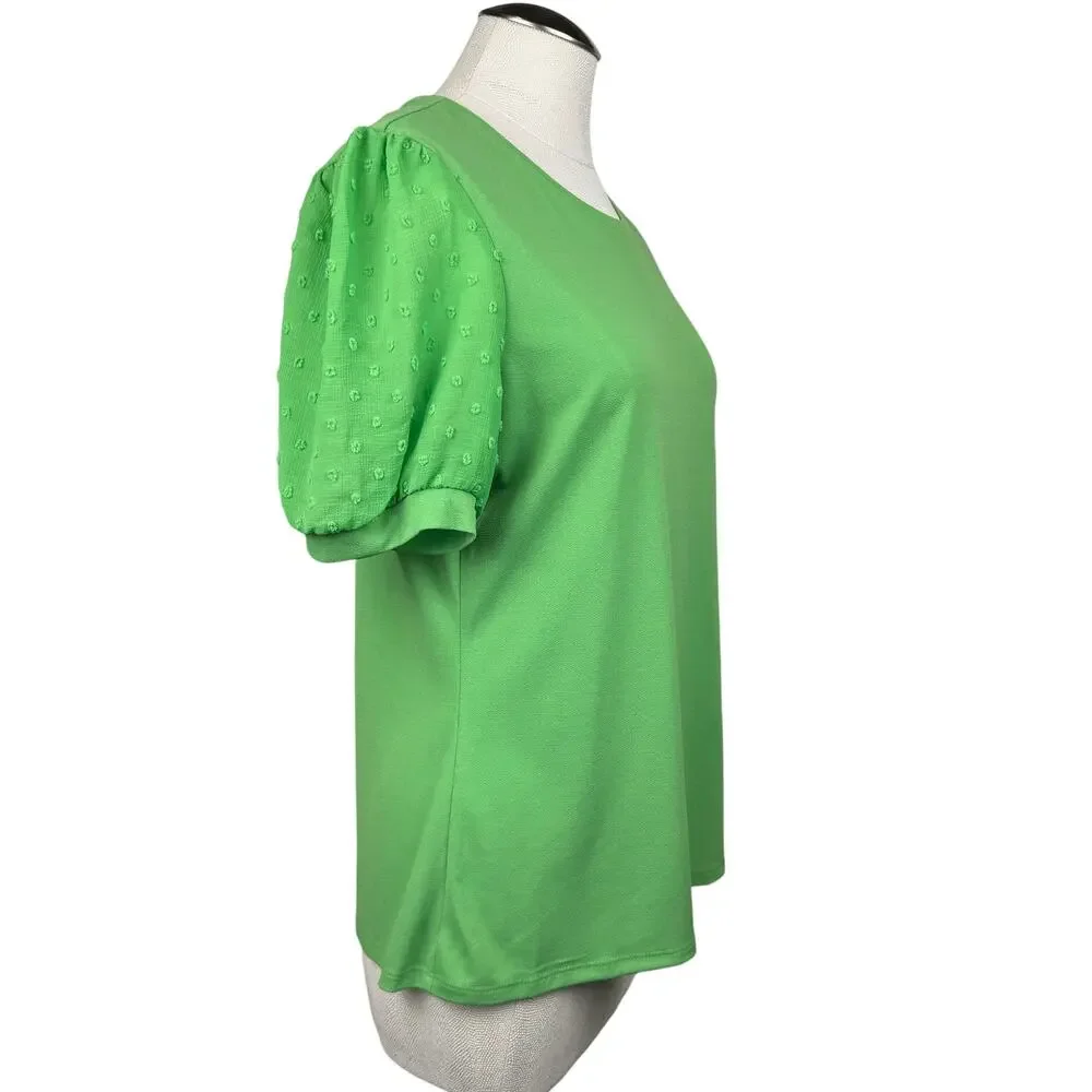 Carmen‎ Womens Blouse Large Green Sheer Puff Sleeve Mixed Media Stretch Knit Top - Picture 3 of 10